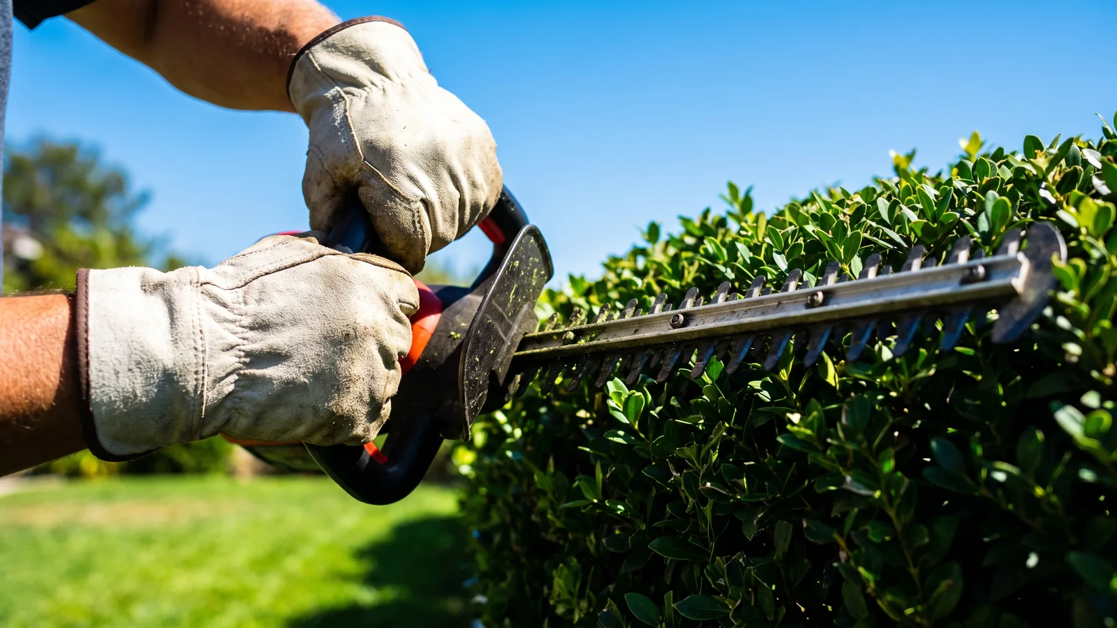 A landscaping crew trimming a hedge in Costa Mesa, CA